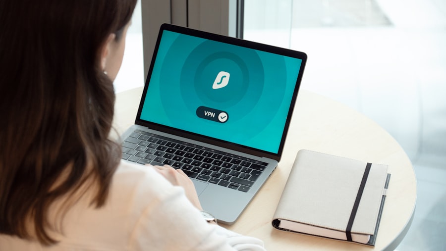 Woman working remotely on a laptop with encrypted connection